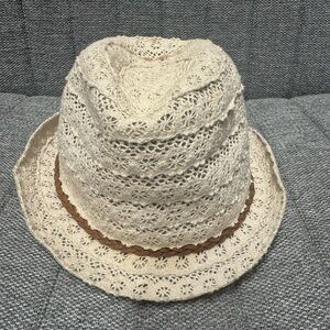 American Eagle Outfitters Vintage Cream Crochet Fedora with Brown Braided Trim